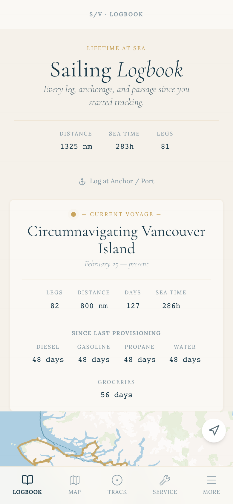 Sailing Logbook home: 1,325 nautical miles and 81 legs of lifetime stats, the current voyage, and a live chart